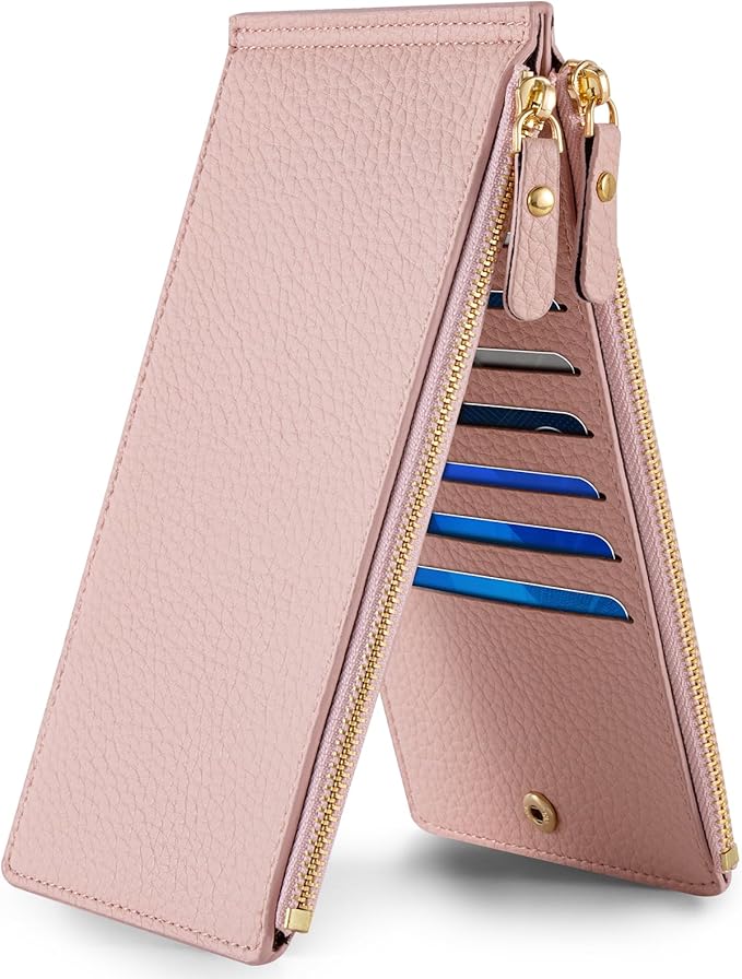 Women's Wallets - Slim Bifold RFID Blocking Wallet Leather Ladies Multi Card Holder Wallet with 2 Zipper Pocket (Pink)
