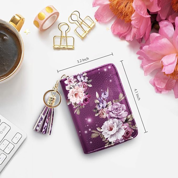 Coco Rossi Women's Small Credit Card Wallet RFID Cute Flower Card Holder for Women, Purple Flower