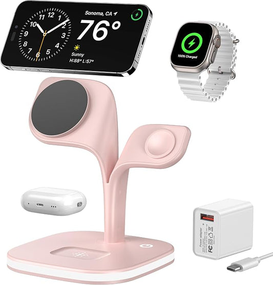 EXW Magnetic Charging Station, 5 in 1 Faster Mag-Safe Wireless Charger Stand for iPhone17/Air/16/15/14/13/12 Pro/Max/Mini/Plus, Apple Watch 10/9/8/7/6/SE/5/4/3/2 and Airpods 3/2/Pro/Pro 2 with LED