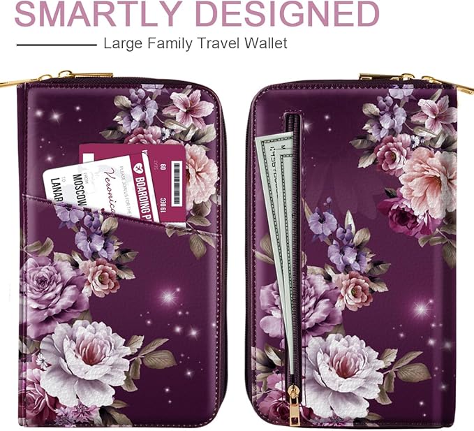 Family Passport Holder Wallet RFID Blocking Document Organizer PU Leather Mulit-purpose Travel Wallet Credit Cards Case for Women Men,Purple Flowers