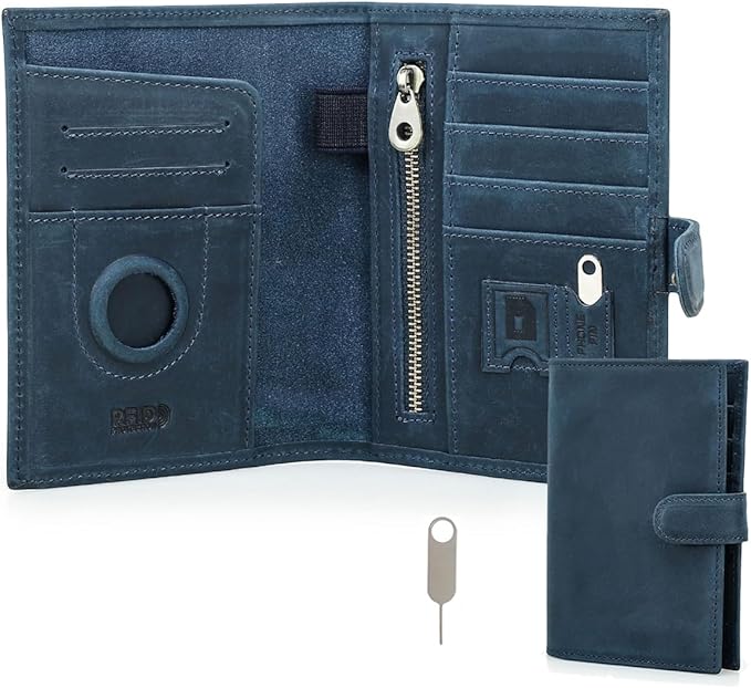 CONTACTS Full Grain Leather Passport Holder Compatible with Airtag RFID Blocking Passport Wallet Travel Slim Passport Cover with SIM Card Removal Tool (Blue)