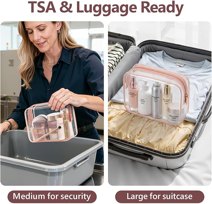PACKISM TSA Approved Toiletry Bag 2 Pack - 1 Medium TSA Quart Carry-On & 1 Large for Checked Luggage, Water-resistant Clear Makeup Bag Clear Travel Bags for Toiletries, Rose Pink