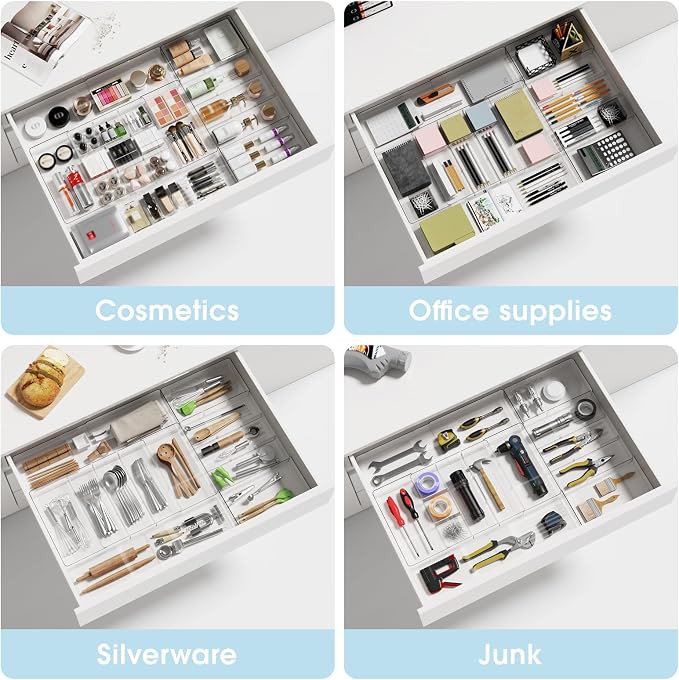 Expandable Drawer Organizer, Width (10.6"-20.1") Depth (11"-20.1"), Clear Makeup Drawer Organizer with 6 Removable Dividers, Silverware Organizer, Great for kitchen and Bathroom Drawers