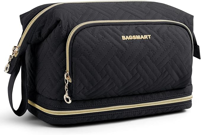 BAGSMART Travel Makeup Bag, Cosmetic Bag Make Up Organizer Case, Large Wide-open Pouch for Women Double Layers Purse for Toiletries Accessories Brushes Black