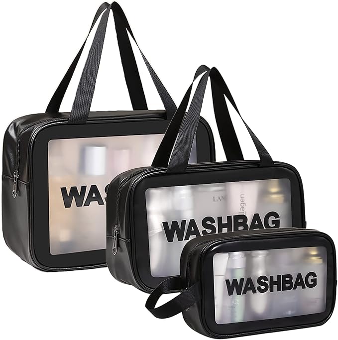 Travel Toiletry Bag for Women and Men, Matte Translucent Shower Bag with Handy Handle, Makeup Cosmetic Organizer Bag for Travel Toiletries Accessories (Black)