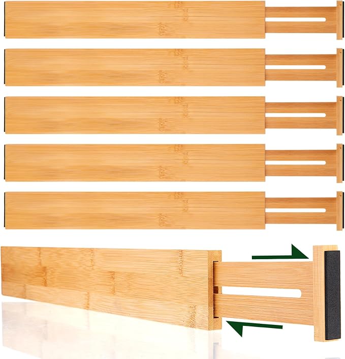 CMOOD 6 PCS Bamboo Drawer Dividers, Kitchen Drawer Dividers, 17"-22" Expandable Adjustable Bamboo Drawer Dividers Organizers for Kitchen, Clothes, Dresser, Bedroom, Home, Office, Spring Loaded