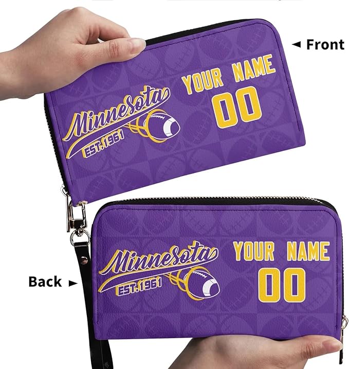 Custom Sports Team Zip Organizer Wallet-Personalized PU Leather Wallet with Name Number,Multi-Card Slots,Wrist Strap,Fan Gift for Men Women.