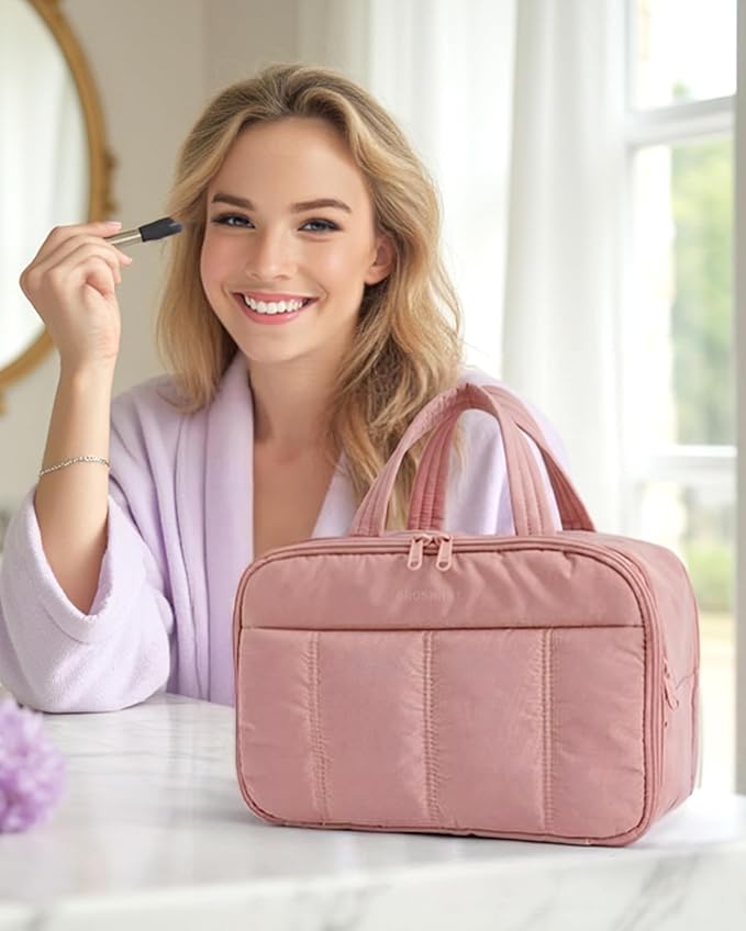 BAGSMART Travel Toiletry Bag, Puffy Large Toiletry Bag for Women, Lightweight Cosmetic Makeup Bag Organizer with Handle for Traveling, Accessories, Essentials, Toiletries （Dark Pink