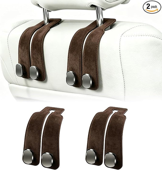 Amelity Car Headrest Hooks, Purse Hook for Vehicle 2 Pack Brown | Universal Car Interior Accessories for Women, Available in 2/4 Pack, Storage Hanger Holds Purses, Backpacks, Grocery Bags