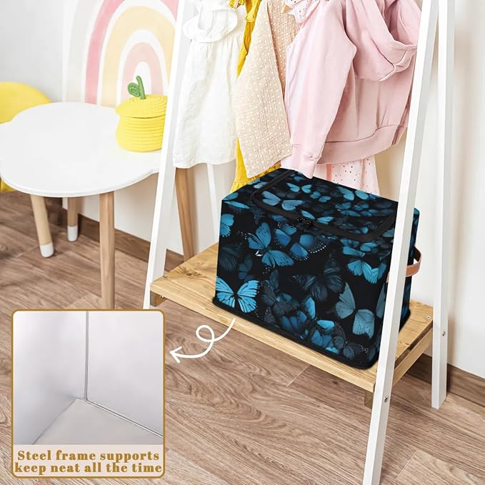 Blue Butterfly Storage Bins With Zipper Lid, Collapsible Trunk Organizer, Car Organizers and Storage Bins with Lids, Decorative Storage Boxes with Handle, Home Storage Baskets for Organizing