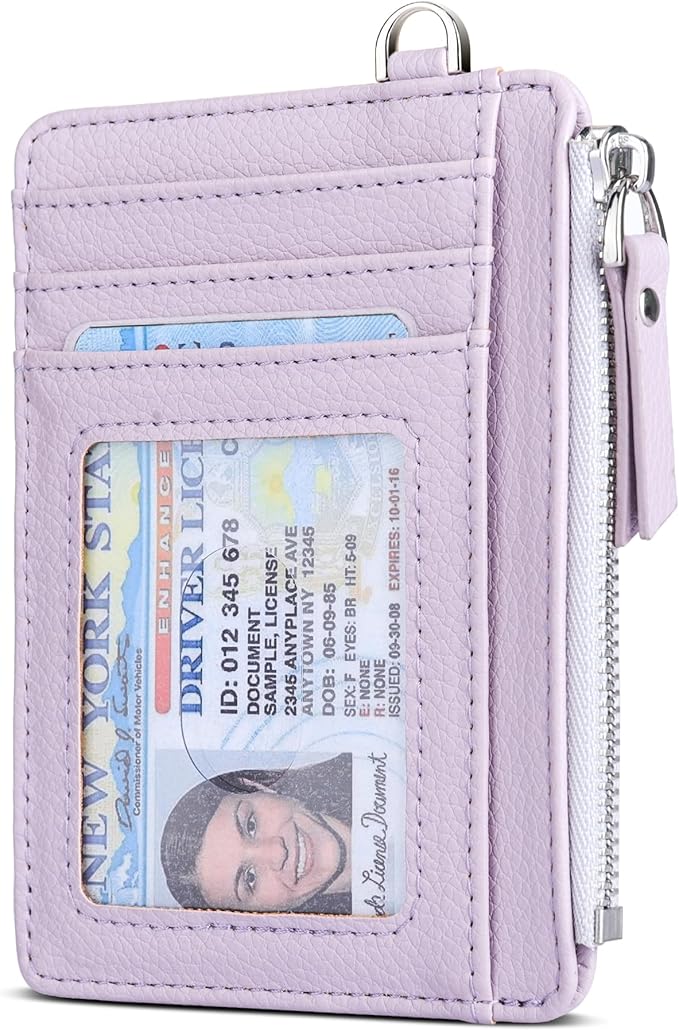 Teskyer Slim Card Holder Wallet with Zip Pocket, RFID Blocking, Total 9 Compartments Large Capacity, 3.5" x 4.7" (Slight Larger Than Usual), Faux Leather - Lilac