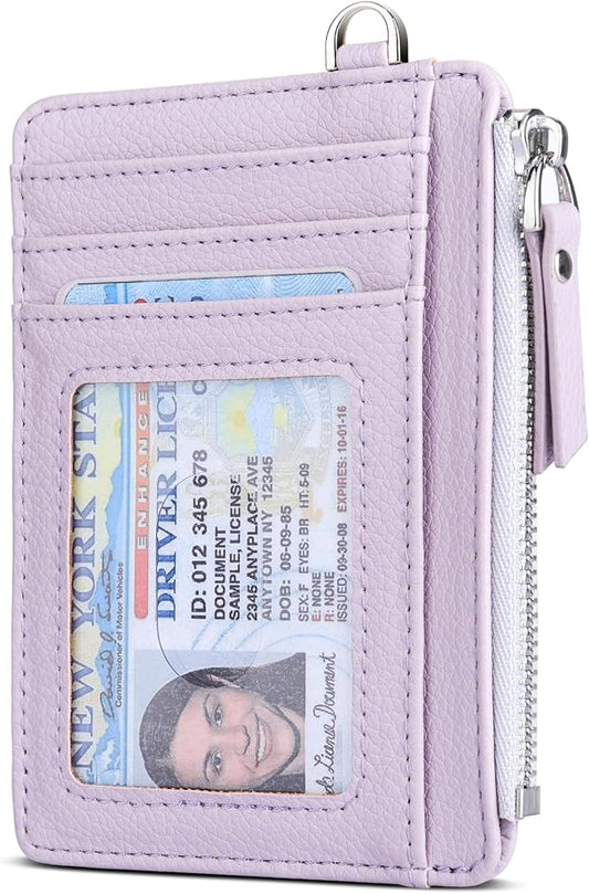 Teskyer Slim Card Holder Wallet with Zip Pocket, RFID Blocking, Total 9 Compartments Large Capacity, 3.5" x 4.7" (Slight Larger Than Usual), Faux Leather - Lilac