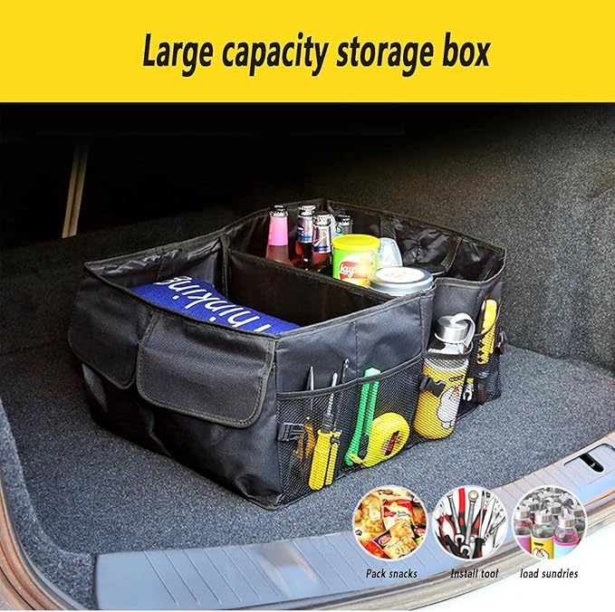 51L Large Capacity Trunk Organizer for Car,Oxford Cloth SUV Trunk Organizer with 2 Pocket and 4 Net Storages Tools Toys Foods,Universal Foldale Car Organizers and Storage