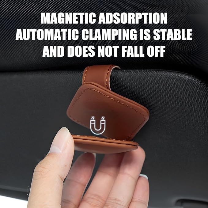 Sunglasses Holder for Car Visor, Magnetic Leather Vehicle Glasses Ticket Card Clip, Automotive Interior Eyeglass Hanger Organizer Accessories, Universal for SUV, Sedan, Truck (Orange)