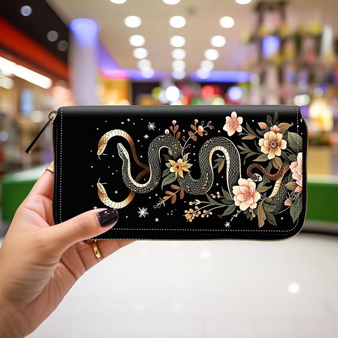Wallet,Leather Long Wallet Suitable For Ladies And Teenagers - Detachable Wristband + RFID Travel Wallet With Card Slot - Aesthetic Snake Floral
