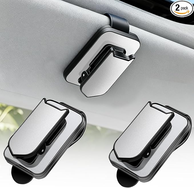 2 Pack Sunglasses Holder for Car, One-Handed-Operation Eyeglasses Organizer Sunglass Clip with Silicone Padded for Car Visor, Car Accessories Interior (Black+Sliver)