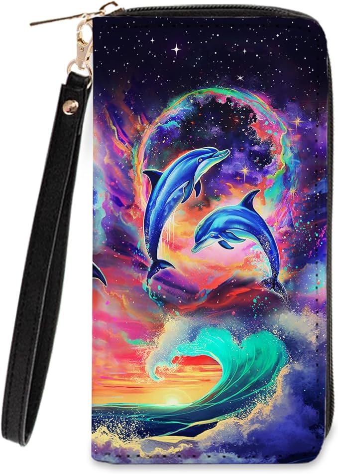 Ocean Lovers Gift Womens Wallet - Small Slim PU Leather Wallet for Women with Zipper Coin Purse, Credit Card Holder Travel Wallets, Wristlet Wallets for Female Teen Boys Girls (Dolphin Themed Present)