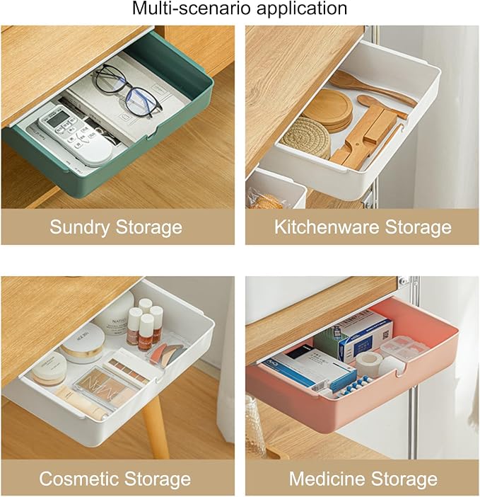 2 Pack Under Desk Drawer, Large & Medium Self-Adhesive Under Desk Organizer, Hidden Under Desk Storage Box Cosmetics Case Stick On Under Table Tray Holder for Cutlery, Office Supplies, Stationery