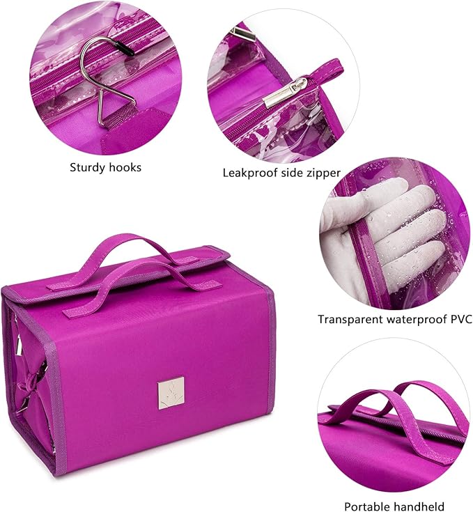 ROYALFAIR Roll Up Makeup Bag, Travel Toiletry Bag for Women with 4 Clear TSA Approved Pouches, Hanging Travel Organizer, Folding Cosmetic Bag for Men and Women