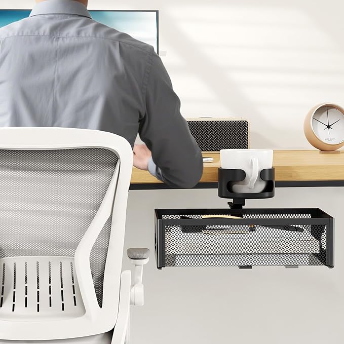 Desk Cup Holder with Drawer Organizer, Anti-Spill Clip-On Table Cup Hook with 360° Rotation Hidden Storage Box for Office Home Gaming Table (Black)