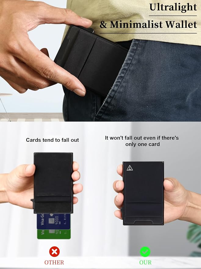 TOYFID Slim Wallet for Men - Pop Up Card Holder Wallet,Minimalist Business Wallet,Credit Card Wallet with Money Pocket,Metal Card Case Wallet,RFID Blocking,Can Hold 6 Credit Cards