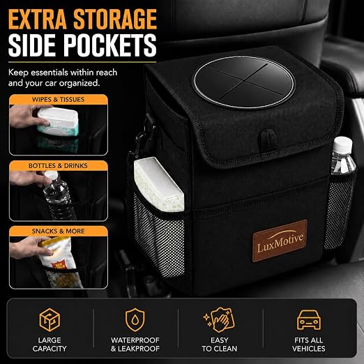 LuxMotive Car Trash Can – 3 Gallon Leakproof Waterproof Auto Trash Bin, Hanging Car Garbage Container with Lid & Storage Pockets, Foldable Car Organizer for Vehicle Interior (Black)