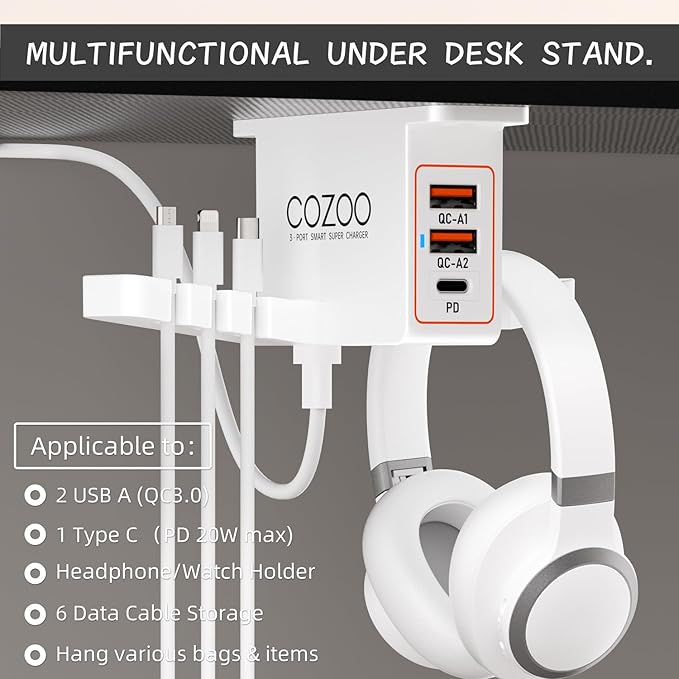 Under Desk Headphone Stand with 20W PD & QC3.0, 3-Port USB Charging Station, Dual Headset Holder & Watch Hook & Cable Organizer,Gaming Accessories, Desk Accessories for Men, Gifts for Gamers Teen Boys