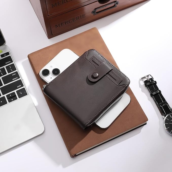 Zipper Wallet for Men Leather Bifold Pocket Wallets RFID Blocking Zip Coin Credit Card Wallets -Big Capacity For Travel