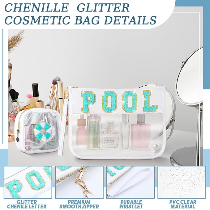 Hillban 2 Pcs Pool Bag Makeup Cosmetic Bag Clear Sunscreen Toiletry Zipper Pouch Beach Travel Summer Stuff Preppy Chenille Letter Patch Pouch PVC Waterproof Organizer Storage Mini Purse for Women