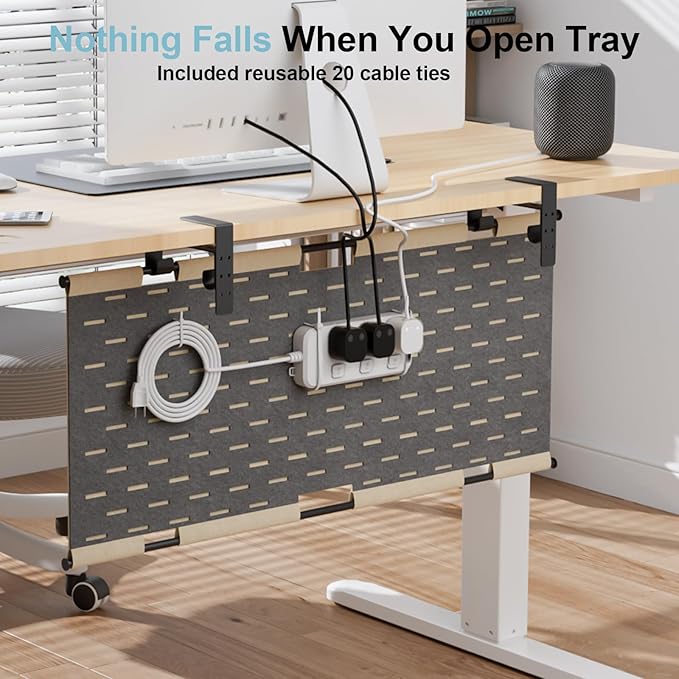 2-in-1 Under Desk Cable Management Tray & Privacy Panel, Dual-Sided Thick Felt Cord Organizer with 20 Cable Ties, Heavy Duty Steel Frame Support, No-Drill Clamp Mount, Large Capacity (Khaki/Gray, 30")