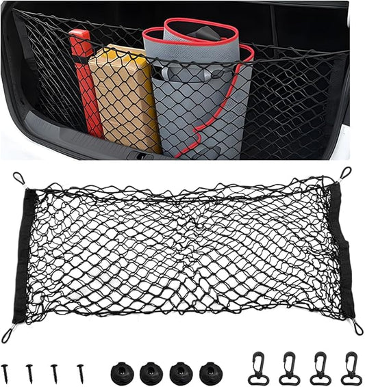 Stretchable Cargo Net, Adjustable Elastic Storage Mesh Nets, Envelope Style Cargo Netting with Mounting Screws and Hooks, Trunk Rear Cargo Organizer Net for Car Truck SUV (43.3×15.7 Inch)