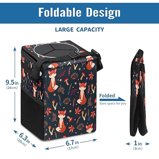 Car Trash Can Cute Red Foxes Forest Mushrooms Wate-rproof Auto Garbage Bag Car Trash Can with Lid Leak-Proof Car Storage Bag Hanging for Headrest Collapsible and Portable with Storage Mesh Pocket