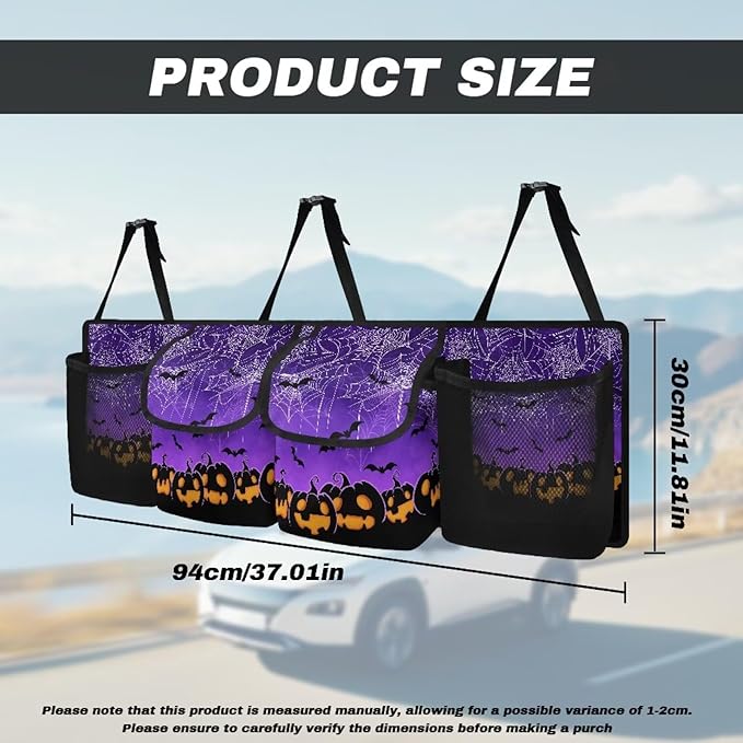 Hanging Organizer for Car Trunk Halloween Prints Collapsible Auto Back Seat Storage Bag with 2 Pockets 2 Mesh Pouches Detachable Automotive Interior Accessories