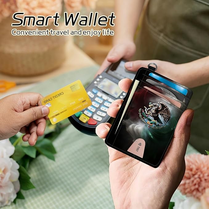 Small Travel Wallets, Mexico Flag Slim Minimalist Front Pocket Wallet with Wristlet, RFID Blocking PU Leather Credit Card Holder with ID Window Change Purse for Men Women
