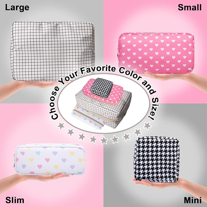 Nylon Large Checkered Makeup Bag Travel Pouch for Women, Big Preppy Makeup Bag Cute Cosmetic Zipper Pouch Purse,Waterproof Toiletry Bag Clutch Makeup Brush Organizer Pouch for Ladies Girls(Checkered)