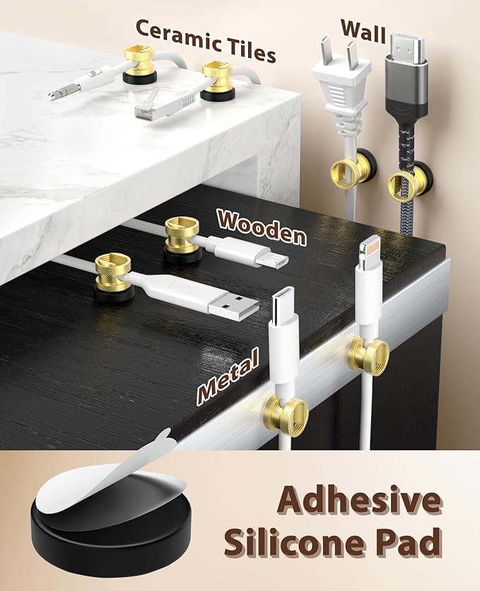 Viaky Magnetic Cord Holder,Gold Magnetic Cable Clip,Metal Cord Holder for Nightstand,Magnetic Cable Management Stainless Steel Magnetic Cord Organizer for Bedside Table Car Office Desk(3 Pack)