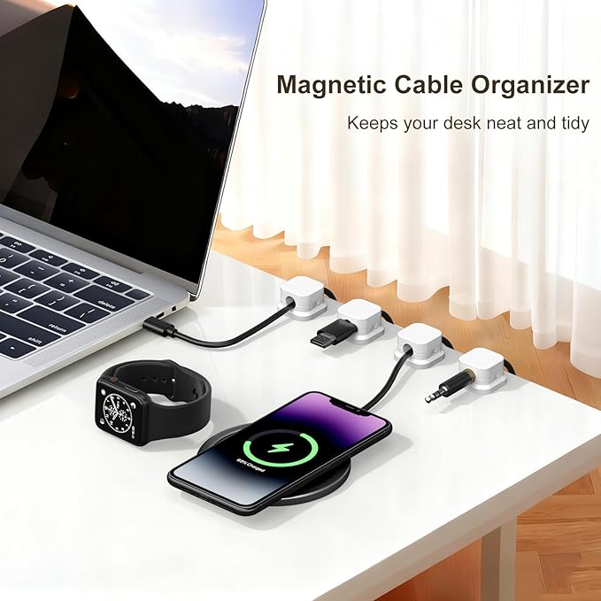 6 Pack Magnetic Cable Clips, Cord Organizer Holder with Strong Adhesive, Desk Cable Management for Home Office Car Desktop Nightstand, Adjustable Wire Keeper, White