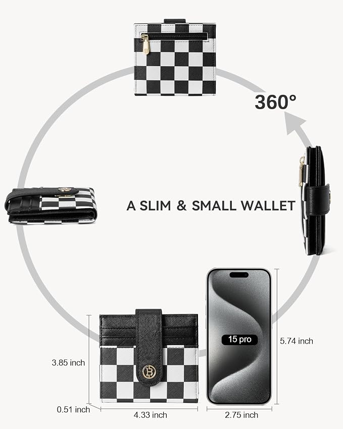 BOSTANTEN Slim Wallet for Women Small RFID Blocking Credit Card Holder Leather Bifold Wallets with Zipper Coin Pocket Black and White Checkered