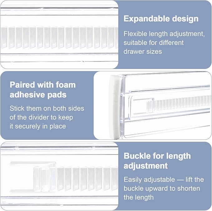 5 Pack Adjustable Drawer Dividers (12.3-18") 6" High Expandable Clear Drawer Dividers for Kitchen, Bedroom & Office Dresser Drawer Organizers for Clothes, Utensils and Baby Nursery Storage