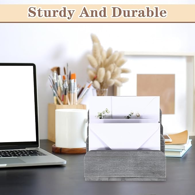 Briwooody Wooden Mail Organizer 3 Slots Mail Holder for Desk Wood File Paper Letter Holder for Letter Envelope Filing Cell Phone Document Storage, Organizer Tray for Office and Home(Grey)