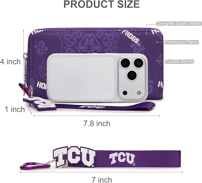 TCU Official Wristlet Wallet for Women, TCU Horned Team Purse with RFID Blocking Card Slot, New Clutch Zipper Wallet for Fan Gift, Game Day, Travel Essentials | Purple, NC-TCU011PP