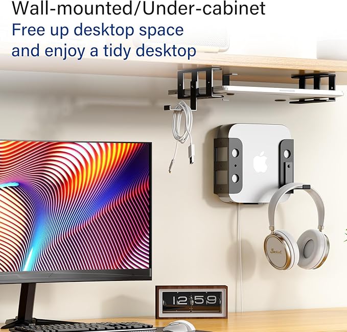BYMECOST Under Desk Laptop Storage Mount with Hook, Metal Under Desk Device Holder, for Devices Up to 1.37" Thick, MacBook, Mini, Keyboard, Router, with Anti-Scratch Silicone (Black, 2.1" with Hook)