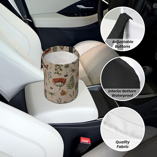 Car Trash Bag Vintage Mushroom Forest Plants Waterproof Trash Small Car Can Portable Collapsible Car Garbage Can Hanging for Back Seat Floor or Hanging Headrest Car Decor Road Trip Essentials