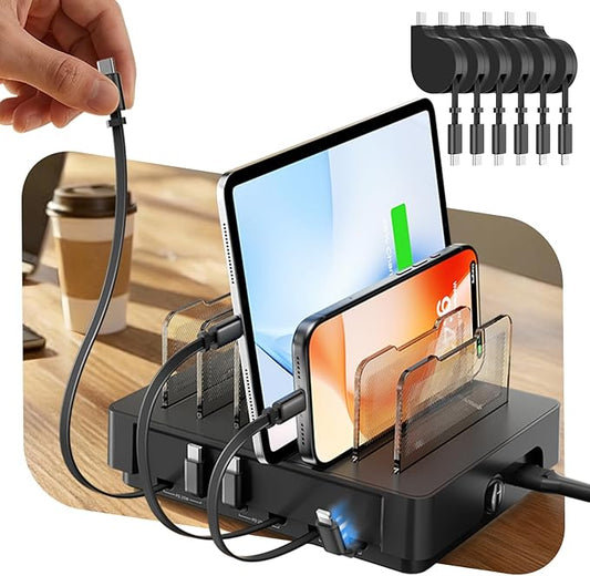 SooPii HomeHub H1 Charging Station for multiple devices,Upgraded 6-Port Desktop Fast Charger with 6 Retractable Cablesï¼?*C+2*iPï¼?60W PD charger station for iPhone/Tablet,Tangle-Free Charging Organizer
