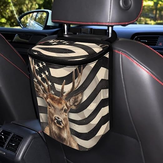 Biyejit USA Flag Deer Car Trash Can, Leak-Proof Waterproof Trash Bin Collapsible Portable Auto Garbage Bag Large Capacity Trashcan Storage Bag Multipurpose Car Organizer Hanging
