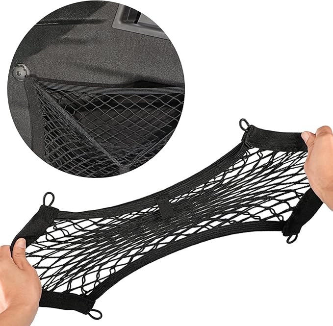 2 Pack Universal Mesh Cargo Net，BetterJonny Stretchable Elastic Automotive Cargo Nets with 8 Pieces Mounting Screws and Hooks for Car Trunk Storage Mesh Pocket Net (Black)