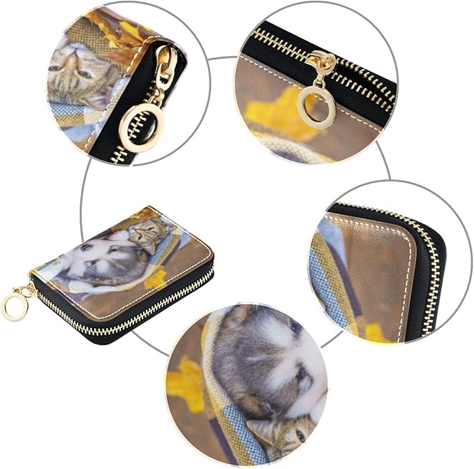 Cute Siberian Husky Cat RFID Credit Card Holder Wallets Accordion for Women Leather Zipper Card Case Accordion Wallet for Ladies Girls