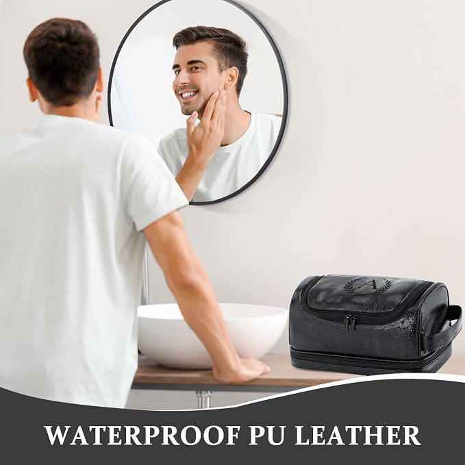 Travel Essentials Accessories Initial Letter Hanging Toiletry Bag for Men, Personalized PU Leather Waterproof Travel Size Toiletries Storage Organizer Shaving Bag for Men, Black R