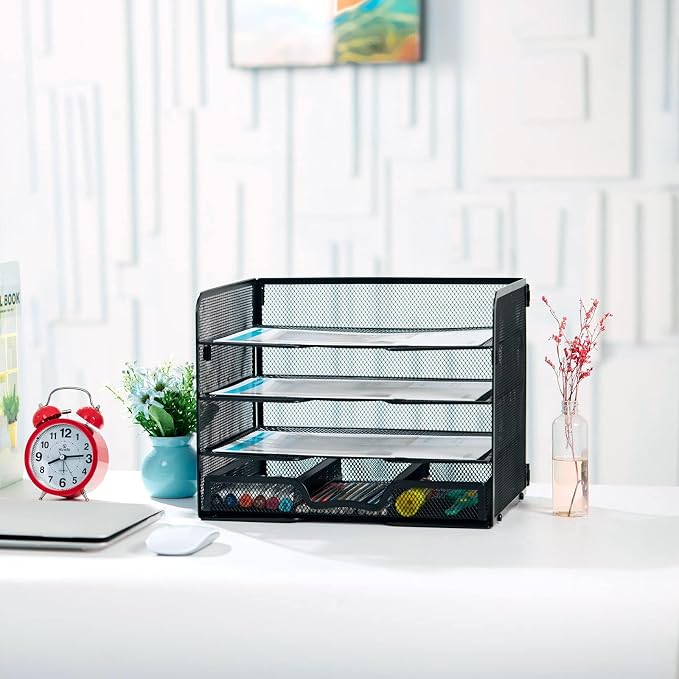 SETTFRFE 4-Tier Metal Desk Organizer-Paper Letter Tray with Drawer,Black | Desktop File Organizer with 2 Sliding Trays & 1 Drawer,Office Supplies Organizer and Storage for Office,Classroom,Home