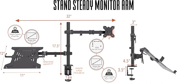 Stand Steady Monitor Mount + Laptop Stand | Height Adjustable Monitor and Keyboard Stand with Full Articulation and Desk Clamp Or Grommet | VESA Mount 13-32 inches (Arm + Laptop Clamp)